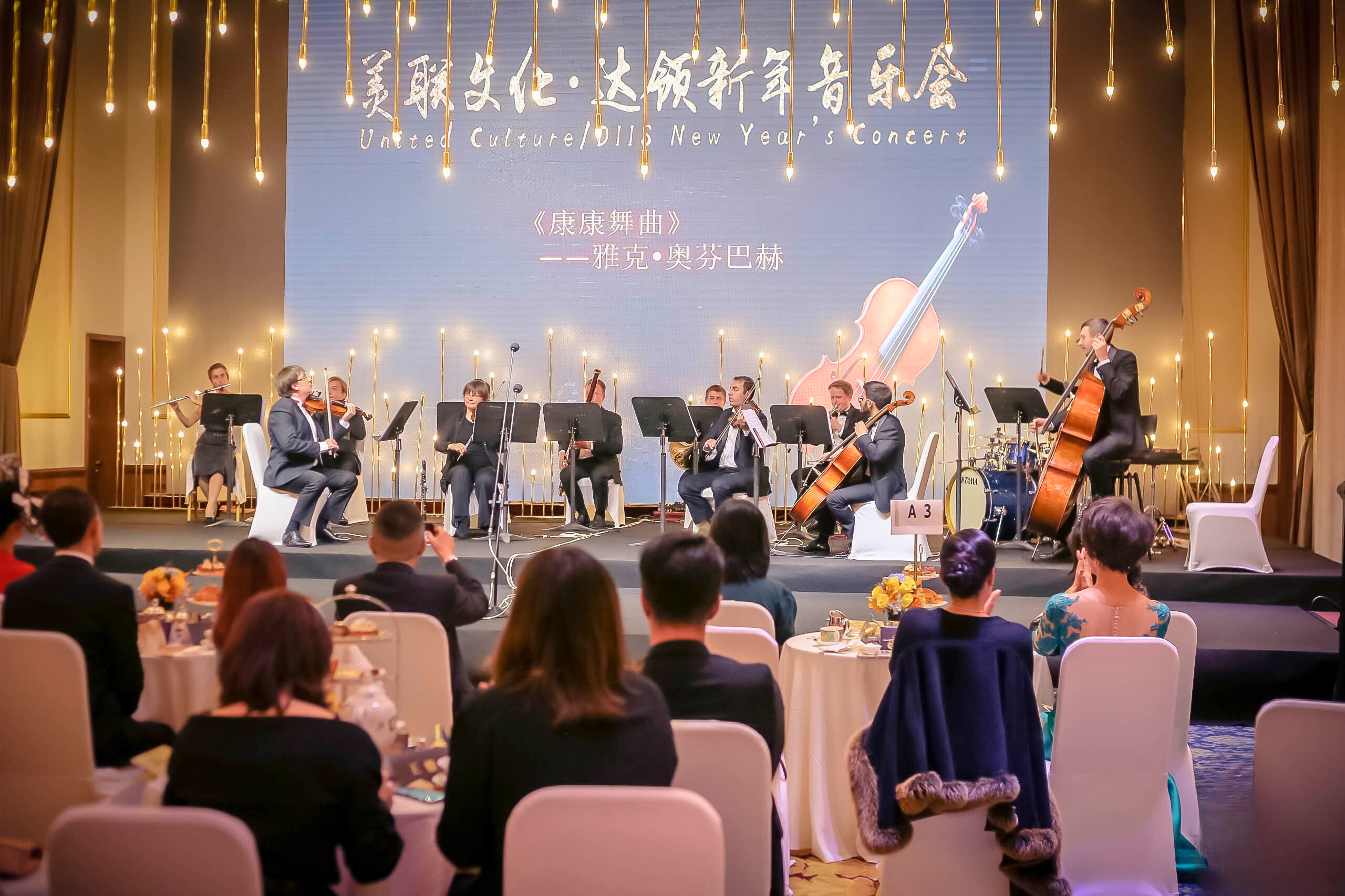 Professional chamber ensemble with strings and winds at company celebration